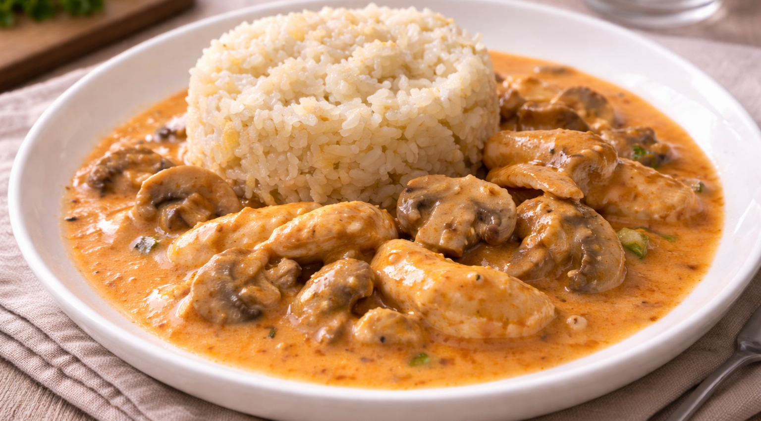 Poulet à la bière, champignons et sauce crémeuse au Cookeo, avec riz nature