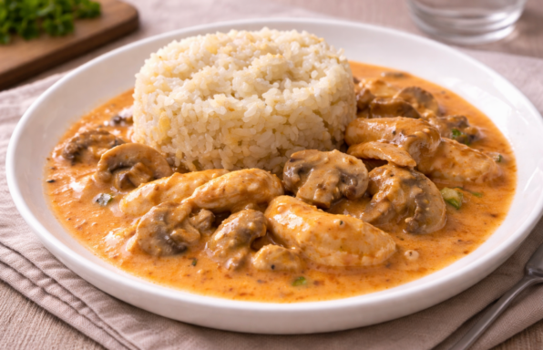 Poulet à la bière, champignons et sauce crémeuse au Cookeo, avec riz nature