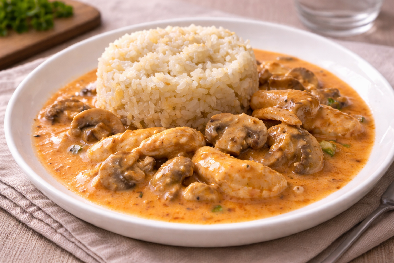 Poulet à la bière, champignons et sauce crémeuse au Cookeo, avec riz nature