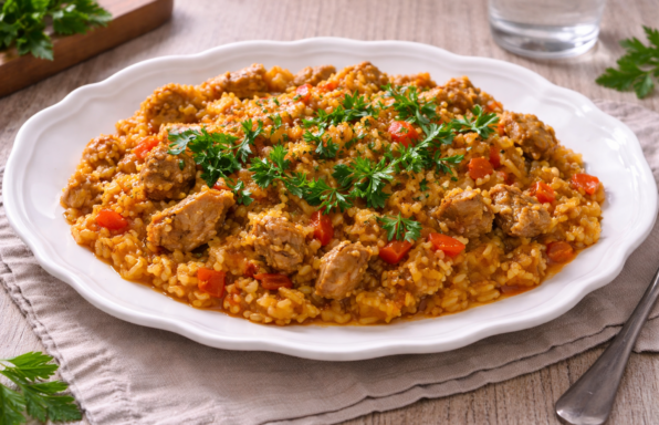 Riz fondant au porc et poivron rouge au Cookeo