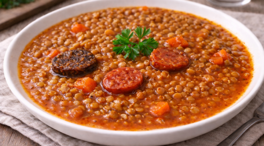 Lentilles express au Cookeo, chorizo et boudin de potiron