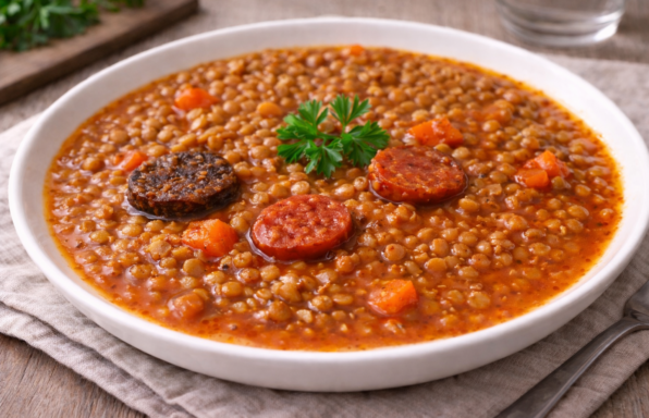 Lentilles express au Cookeo, chorizo et boudin de potiron