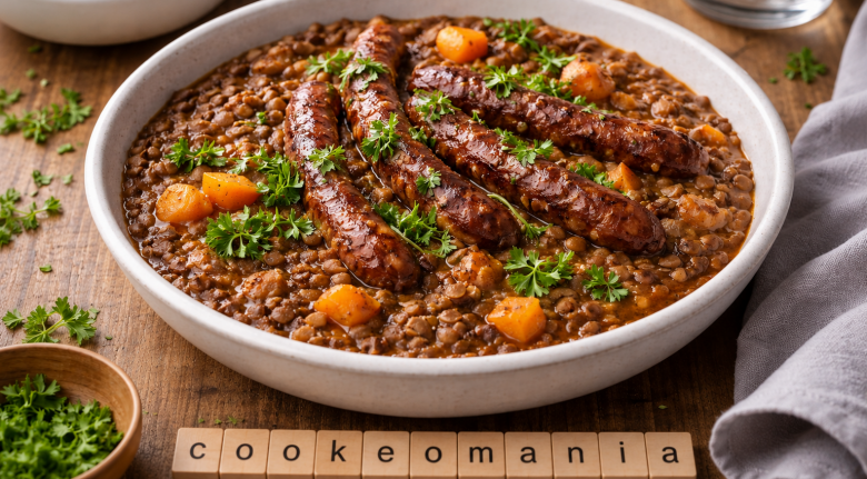 Lentilles mijotées aux merguez et parfum d’ail rôti