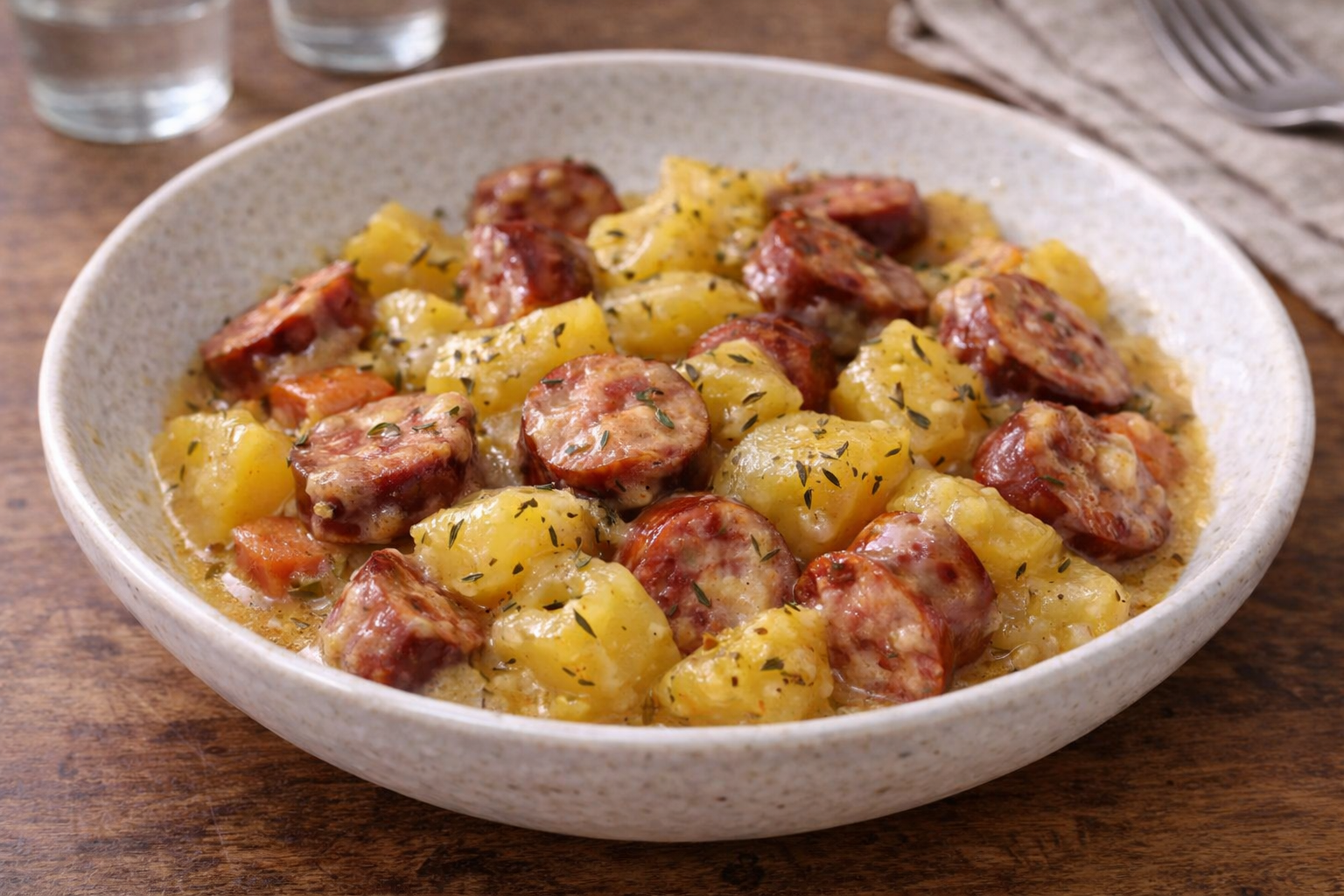 Pommes de terre fondantes aux saucisses fumées au Cookeo