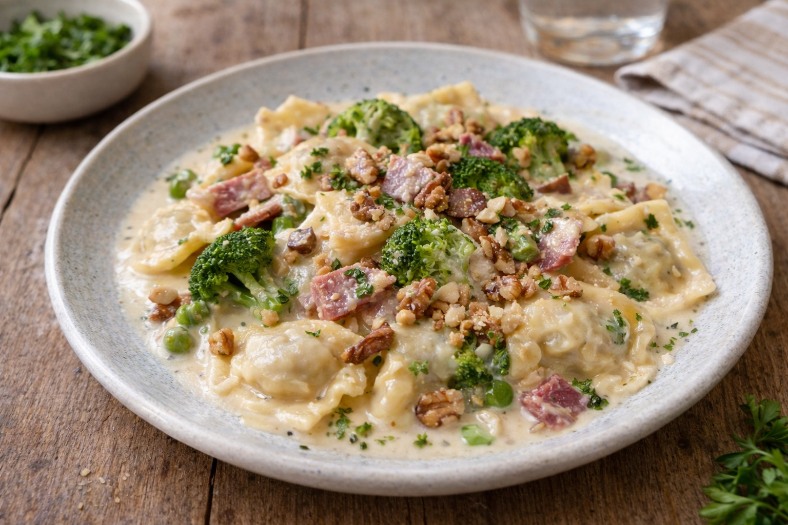 Raviolis fondants au bleu, noix et brocoli au Cookeo