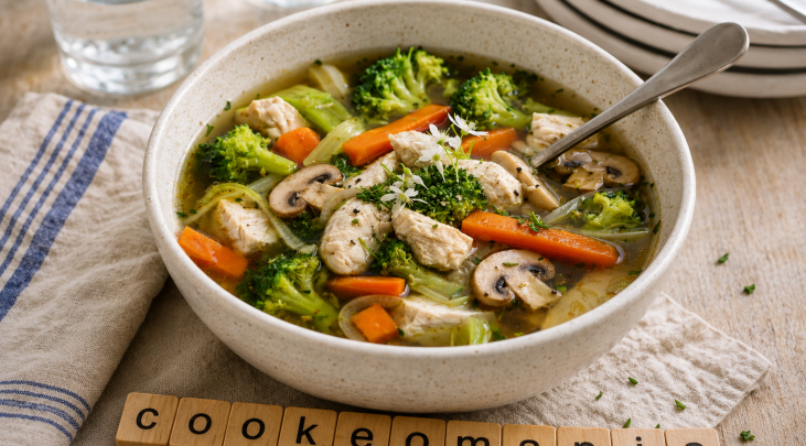Soupe express poulet, brocoli et champignons