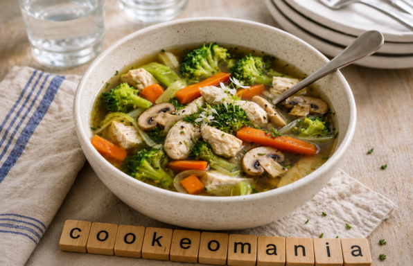 Soupe express poulet, brocoli et champignons