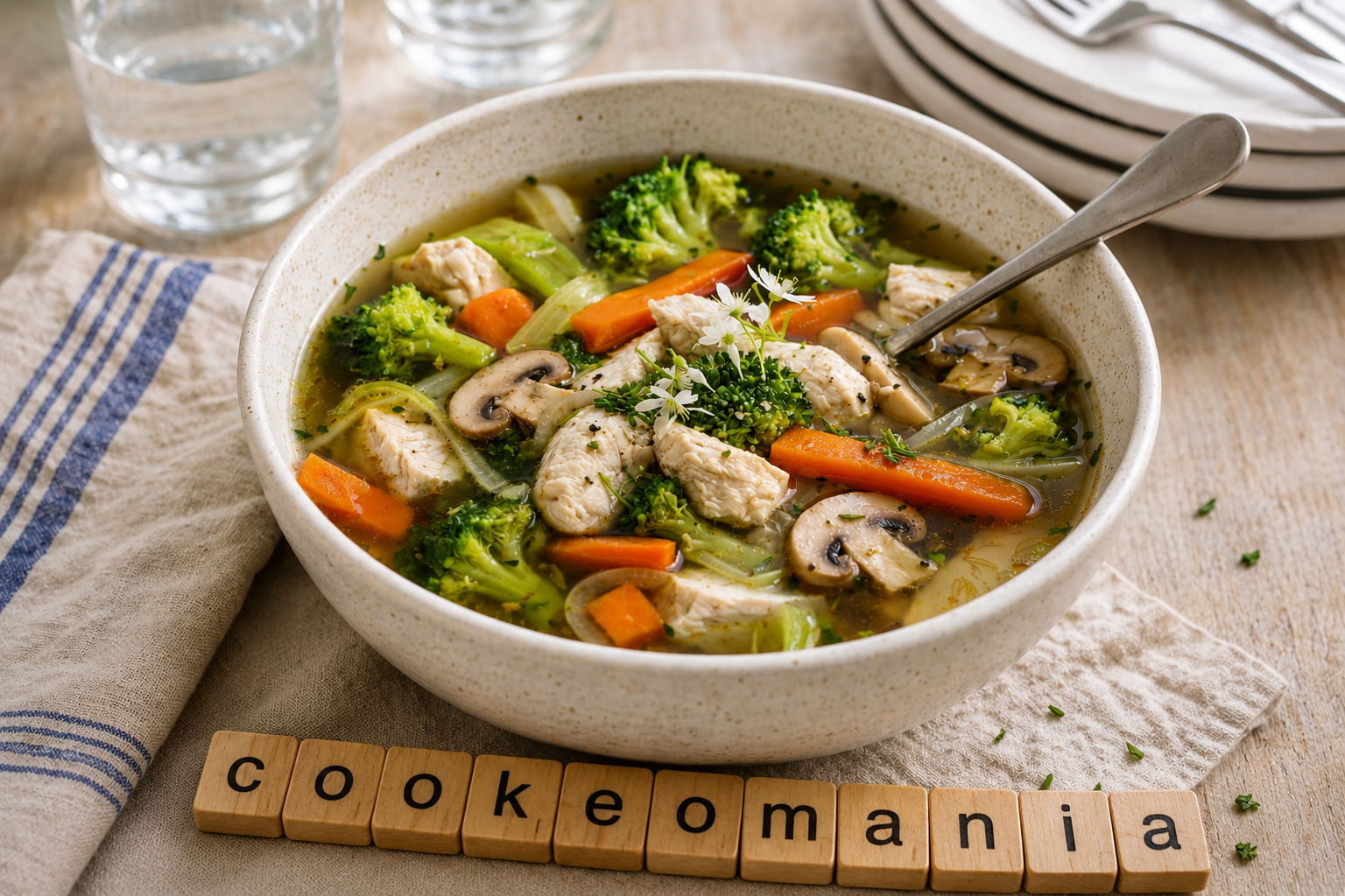 Soupe express poulet, brocoli et champignons