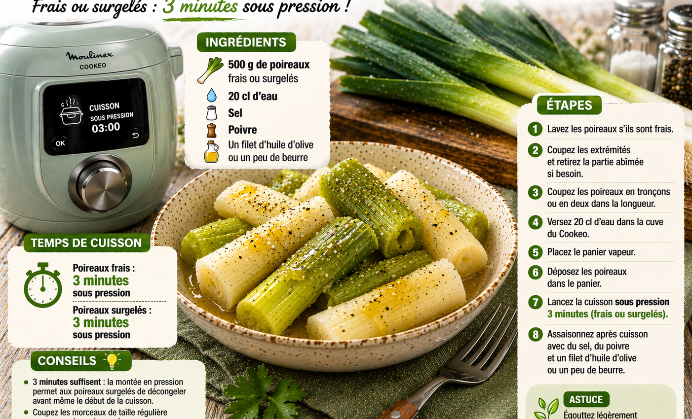 Comment faire cuire des poireaux au cookeo frais ou surgelés pour une cuisson vapeur simple et rapide