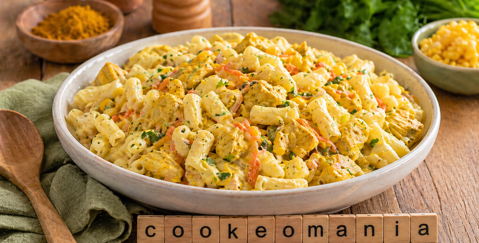 Salade de macaroni au poulet curry léger