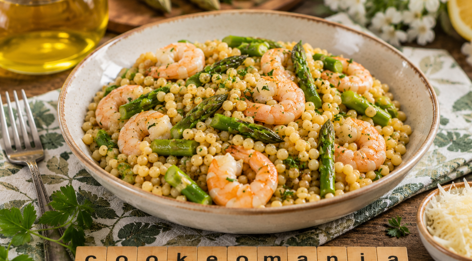 Fregola aux asperges et crevettes express