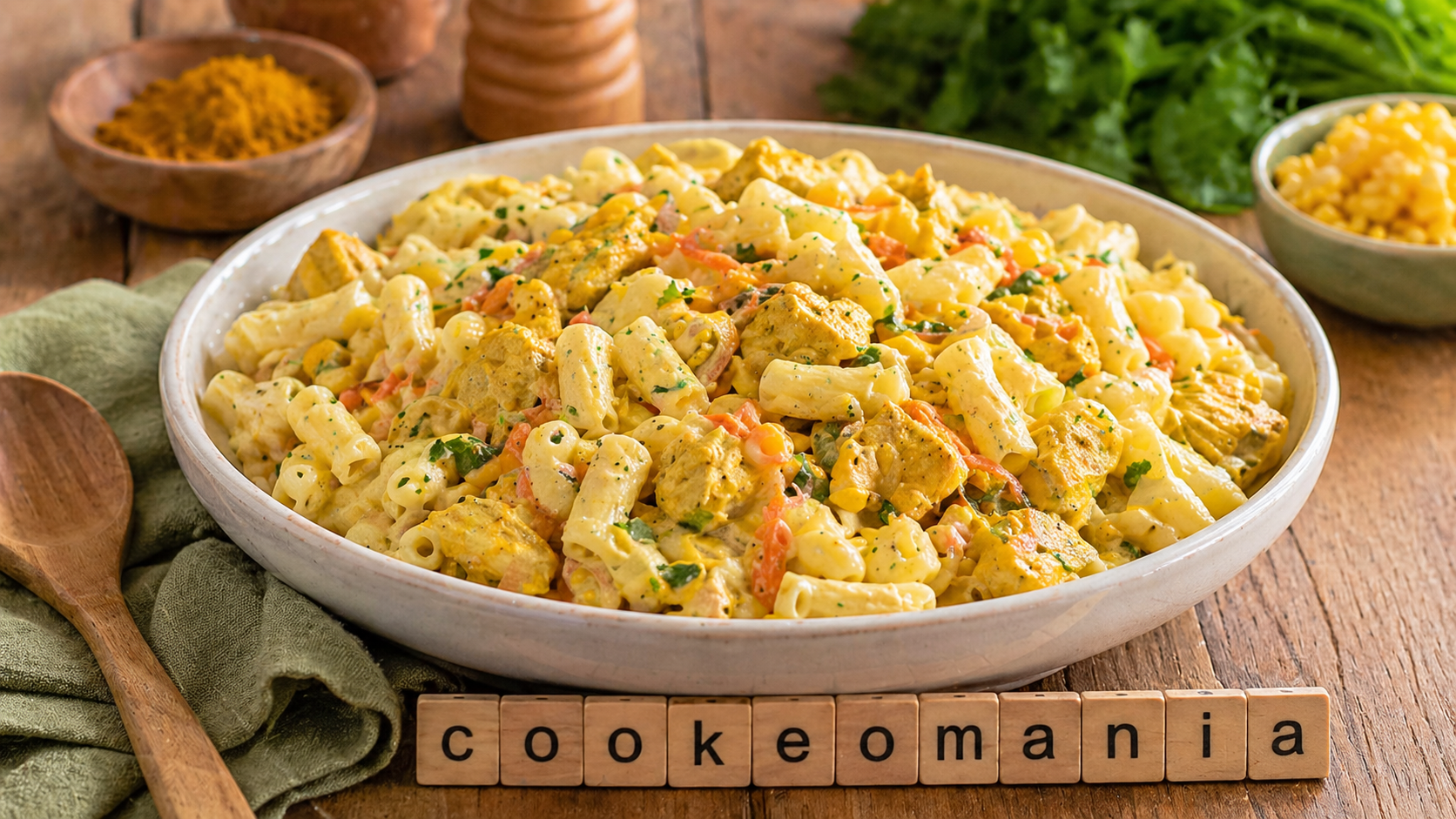 Salade de macaroni au poulet curry léger