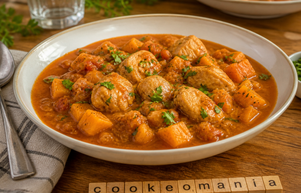 Poulet aux patates douces, tomates et épices douces