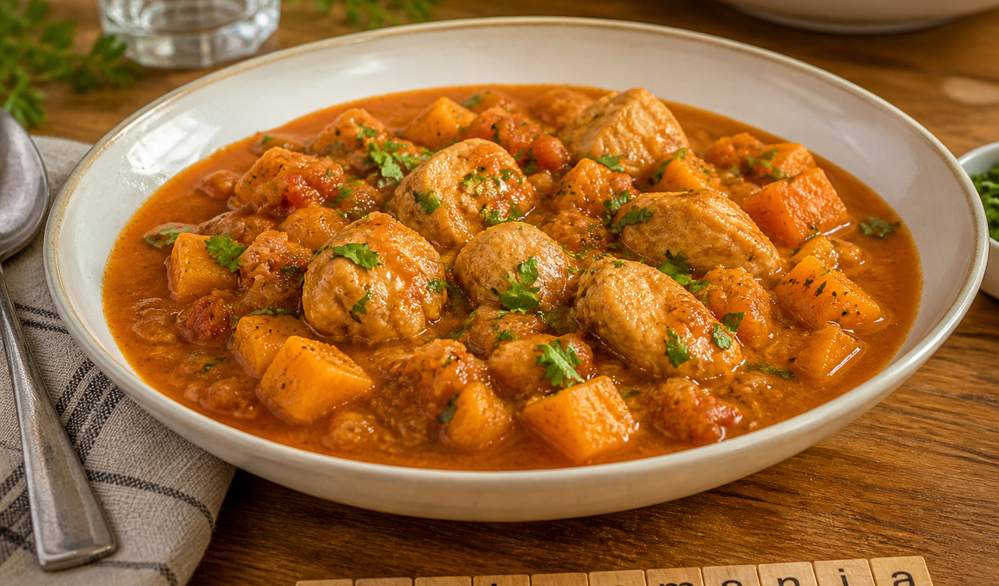 Poulet aux patates douces, tomates et épices douces