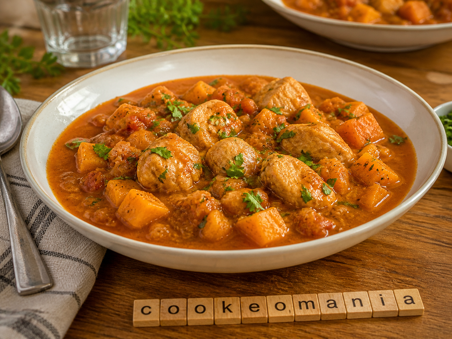 Poulet aux patates douces, tomates et épices douces