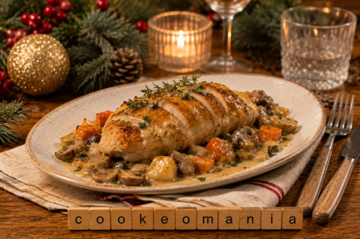 Suprême de pintade aux cèpes servi comme plat de Noël