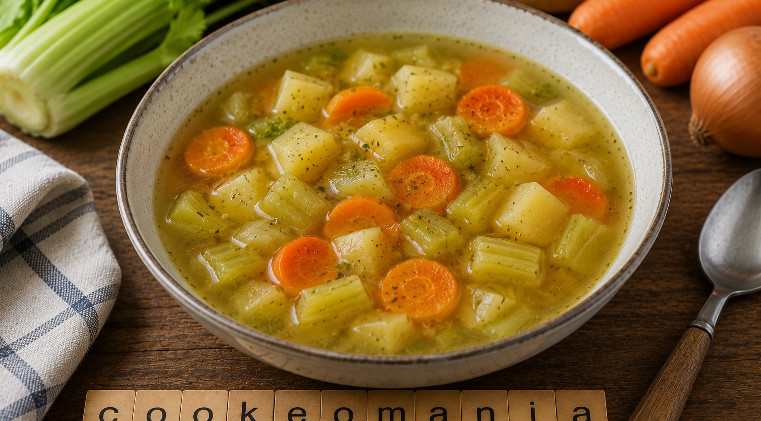 Soupe rustique au céleri-branche, carottes et pommes de terre