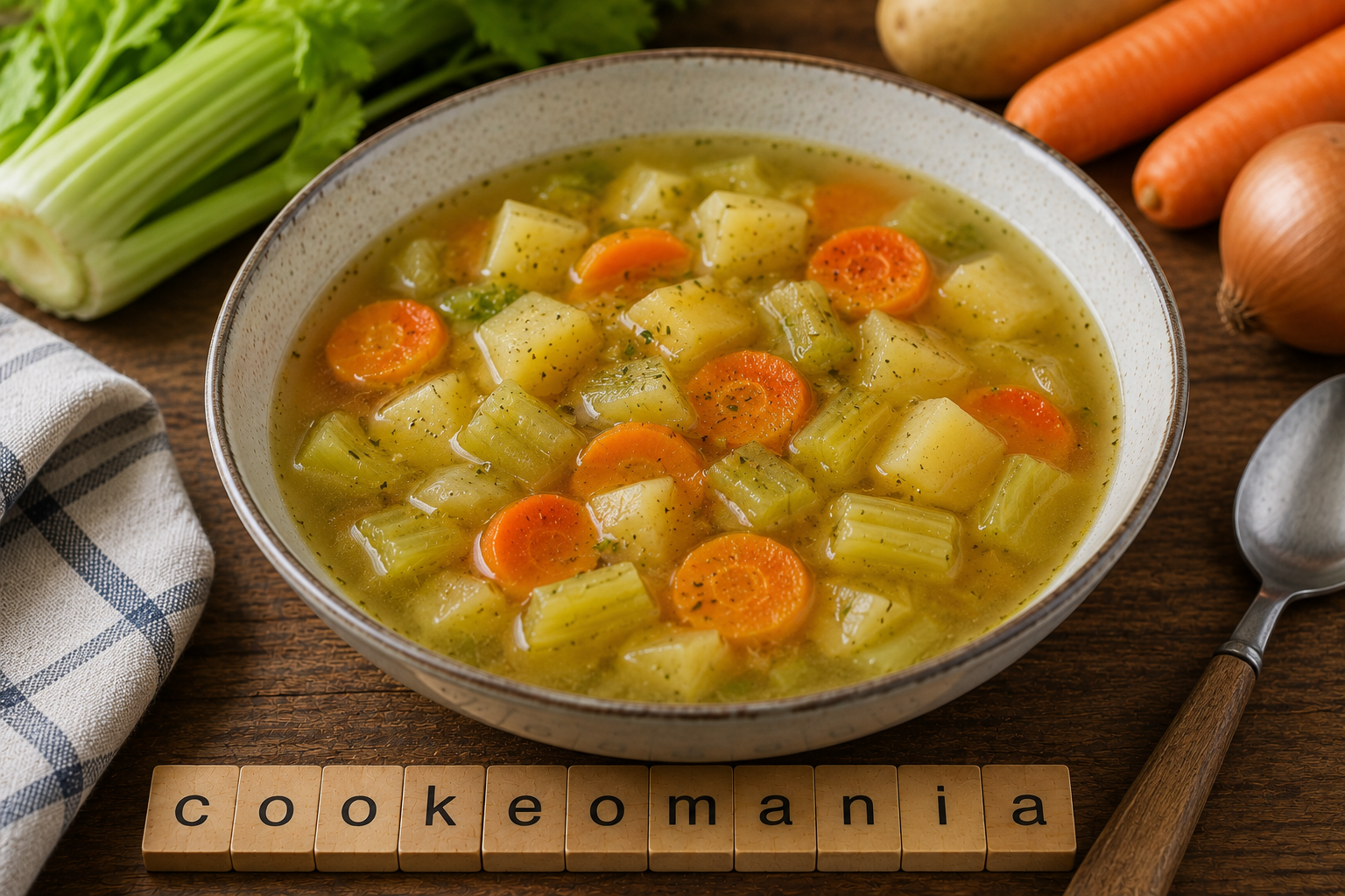 Soupe rustique au céleri-branche, carottes et pommes de terre