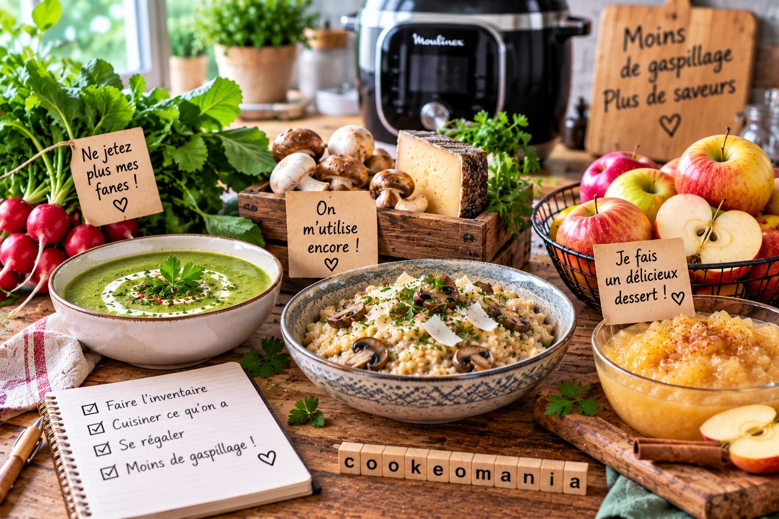 Idées anti-gaspillage avec soupe de fanes de radis, risotto aux champignons et compote de pommes