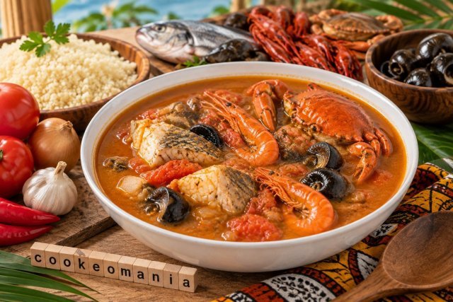 Soupe bassamoise au poisson, crabes, écrevisses et escargots dans un bouillon à la tomate