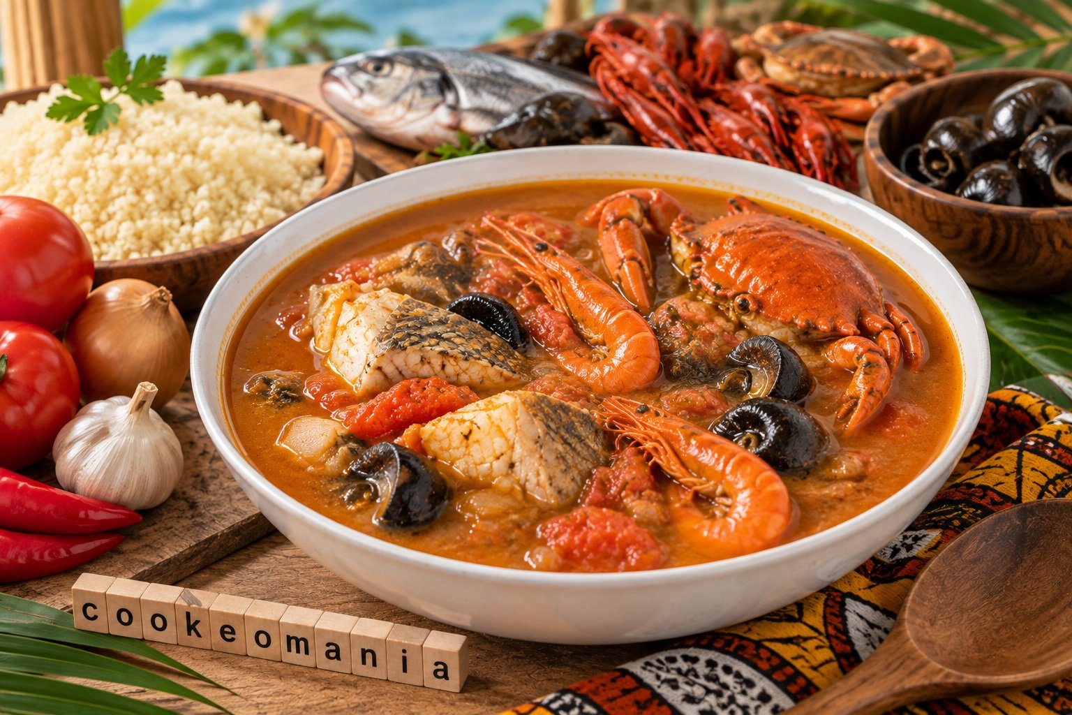 Soupe bassamoise au poisson, crabes, écrevisses et escargots dans un bouillon à la tomate
