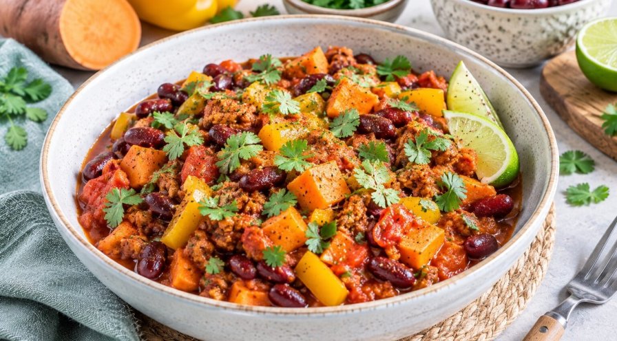Chili végétal fumé à la patate douce et au soja