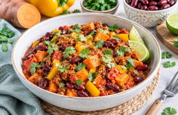 Chili végétal fumé à la patate douce et au soja