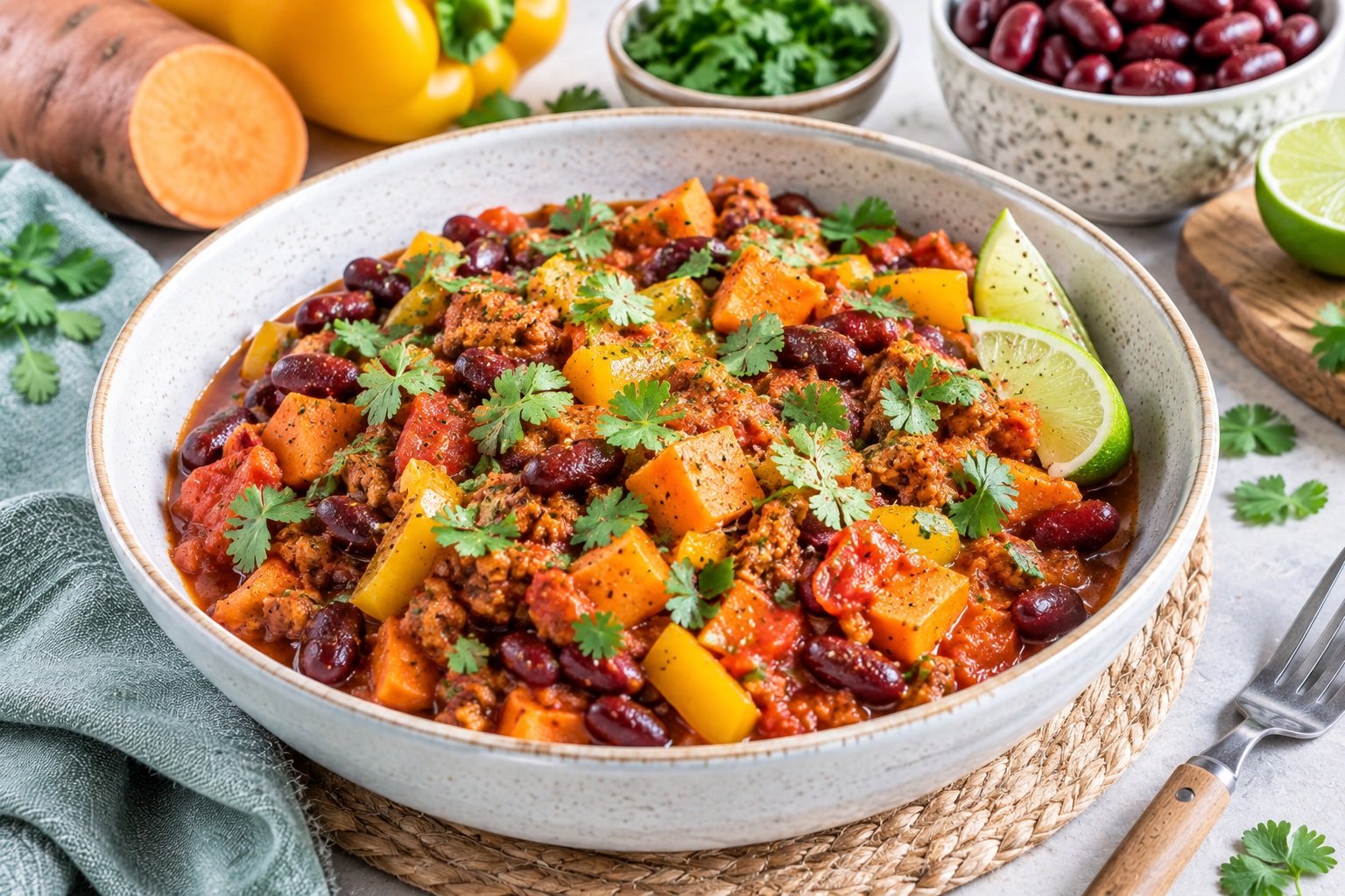 Chili végétal fumé à la patate douce et au soja