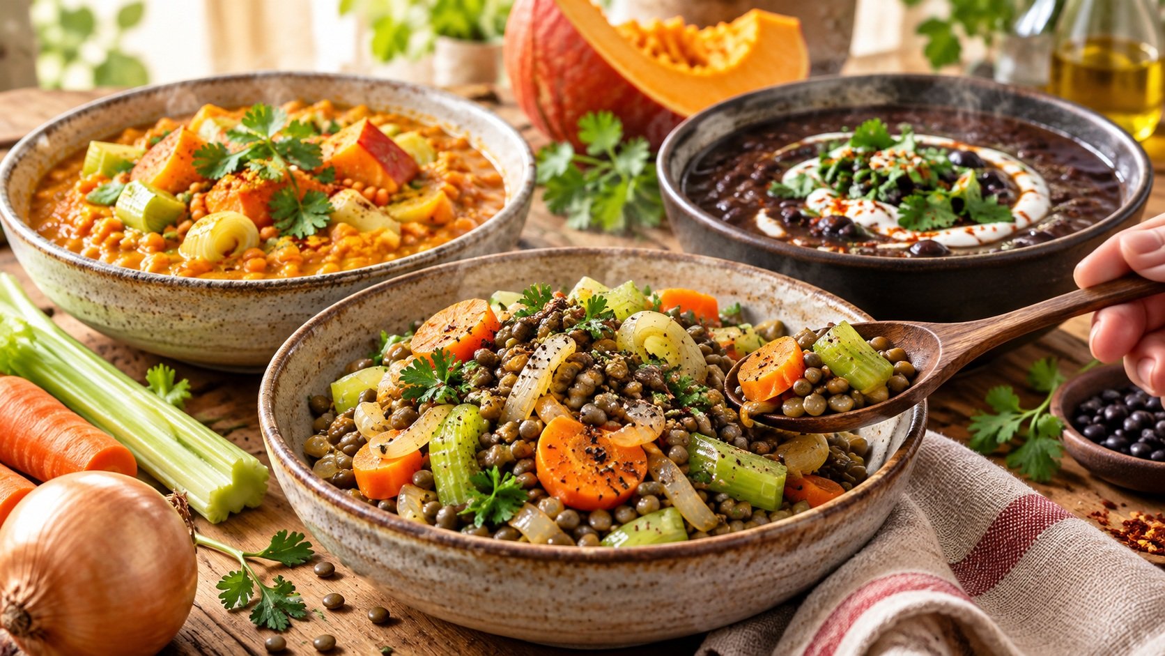 Trois plats sans viande aux lentilles vertes, lentilles corail et haricots noirs préparés pour un dîner au Cookeo