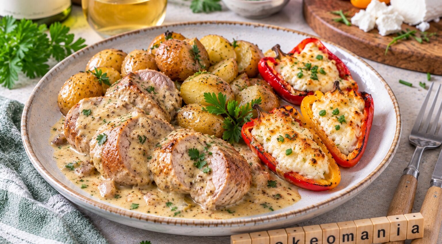 Filet mignon au cidre, grenailles et poivrons au chèvre