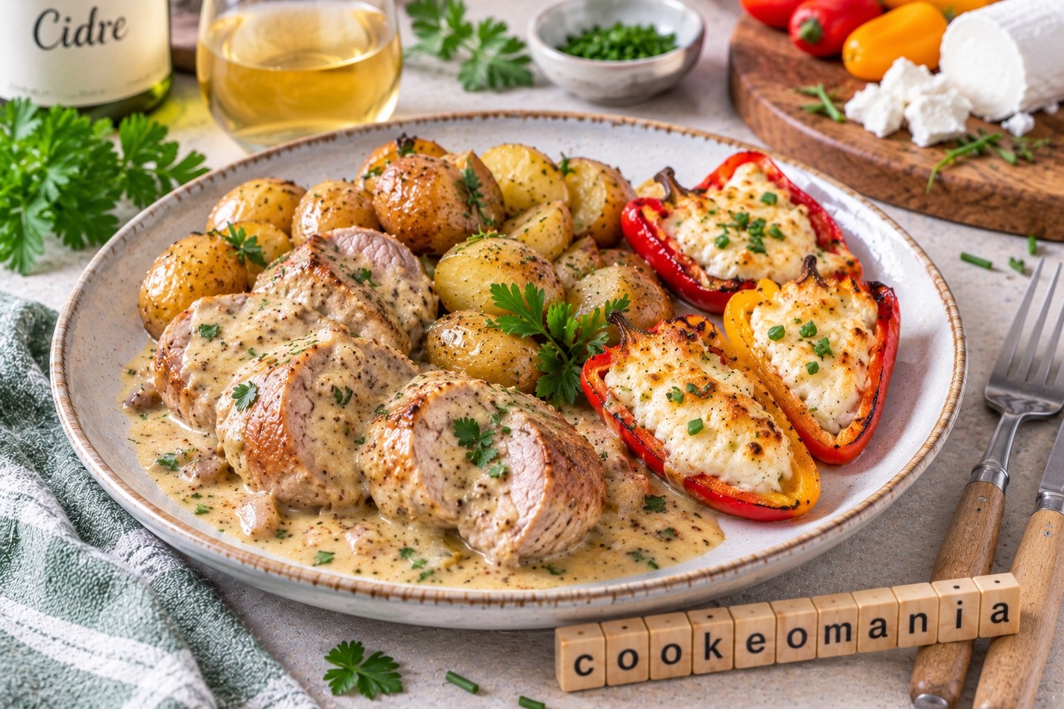 Filet mignon au cidre, grenailles et poivrons au chèvre