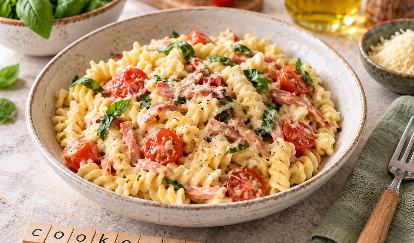 Fusilli fondants au jambon, tomates cerises et gruyère