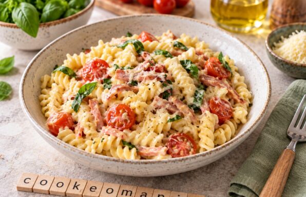 Fusilli fondants au jambon, tomates cerises et gruyère