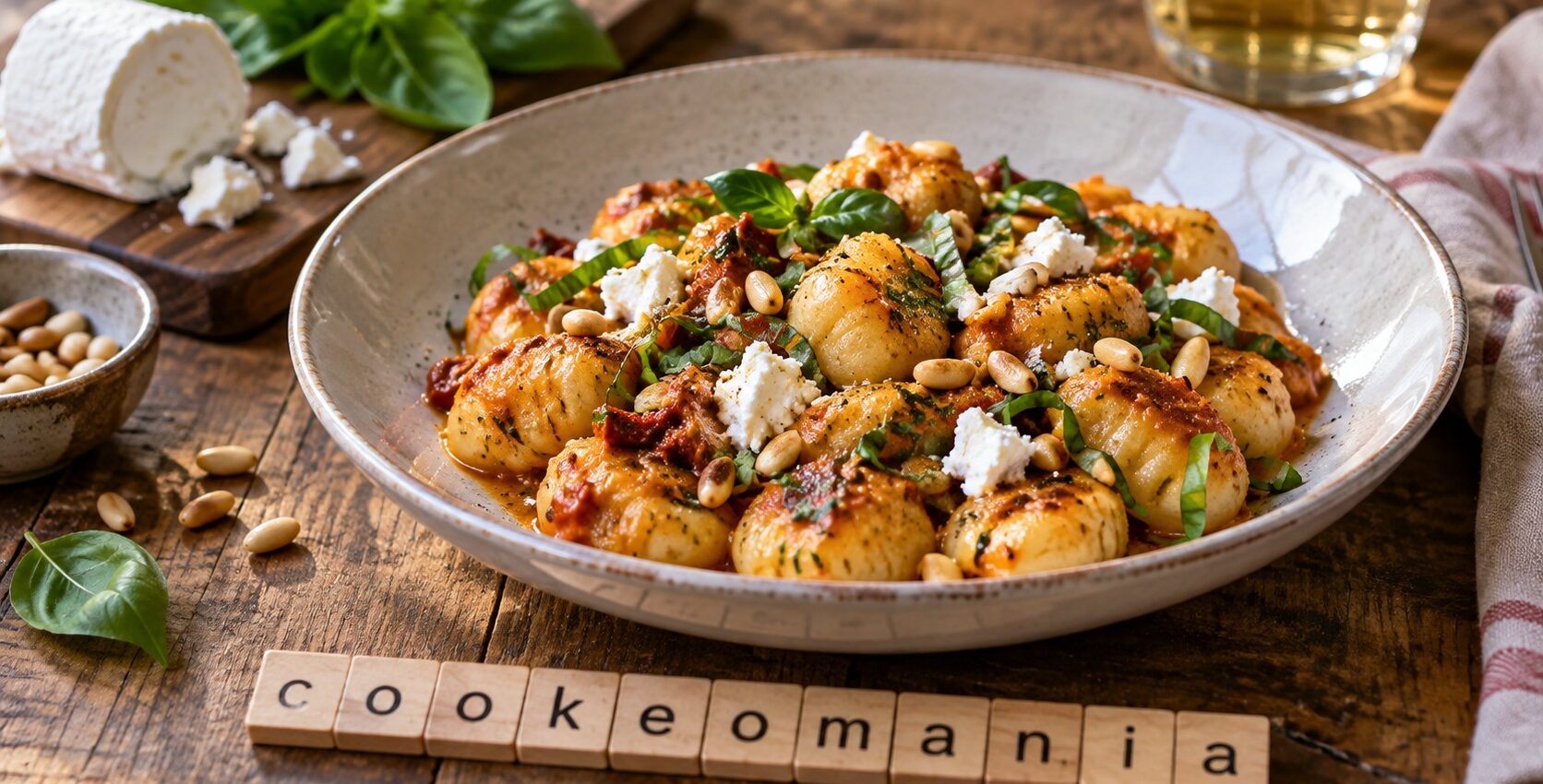 Gnocchis dorés au chèvre frais, pesto rosso, pignons de pin et basilic