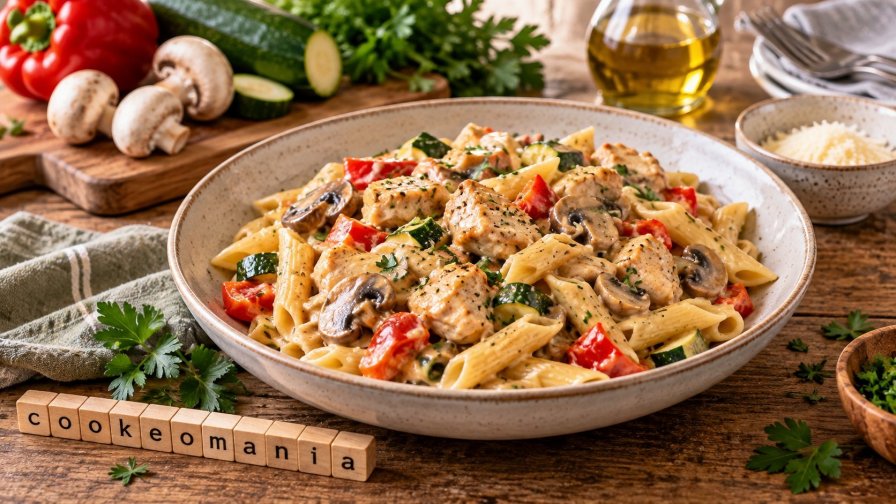 Pâtes crémeuses au poulet et légumes, idée de repas pour septembre