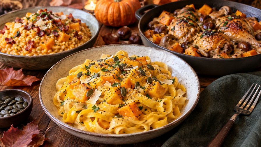 Recettes aux courges avec pâtes crémeuses, risotto et poulet aux légumes d’automne