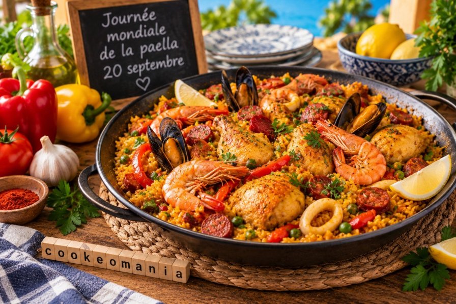 Paella au poulet, chorizo et fruits de mer préparée pour la Journée mondiale de la paella