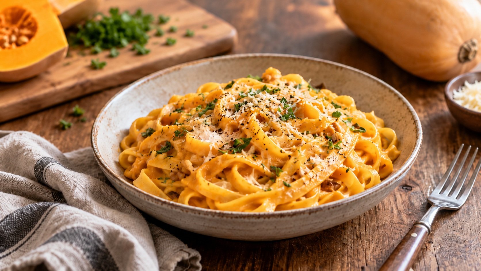 Pâtes crémeuses à la butternut servies dans une assiette avec herbes fraîches