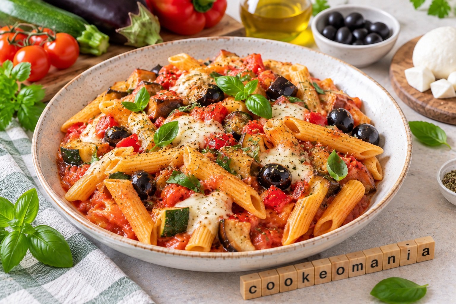 Penne méditerranéennes aux légumes et mozzarella fondante