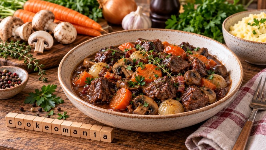 Plat mijoté réconfortant au bœuf, carottes, champignons et petits oignons