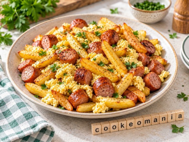 Poêlée de frites, saucisses et œufs