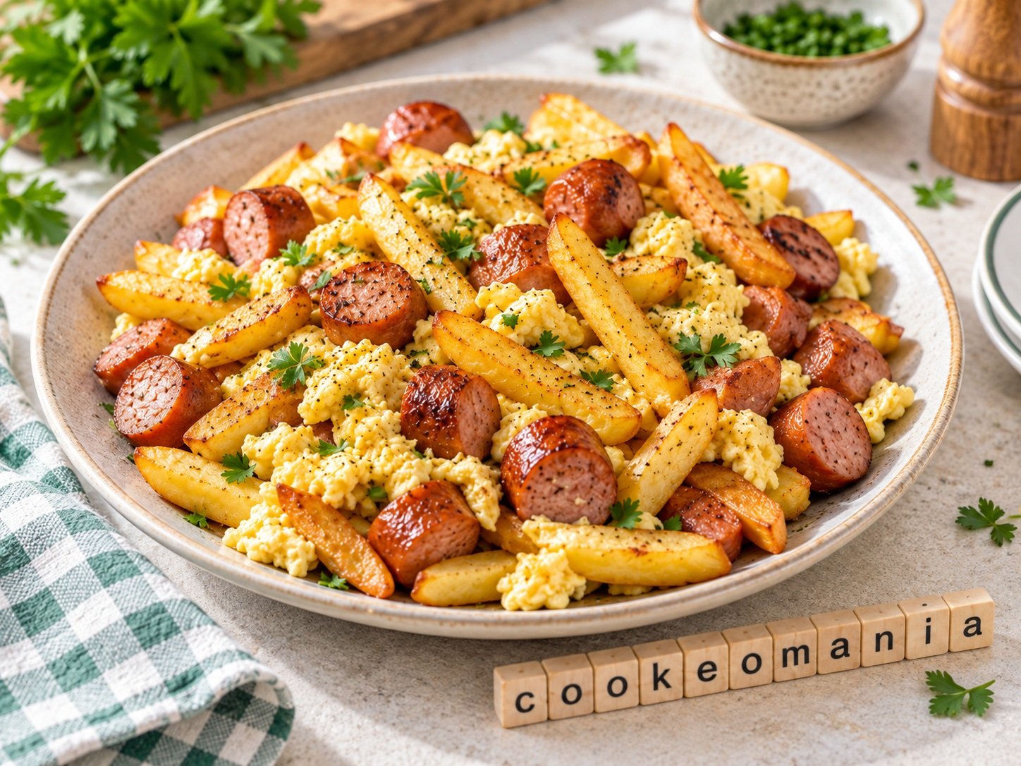 Poêlée de frites, saucisses et œufs