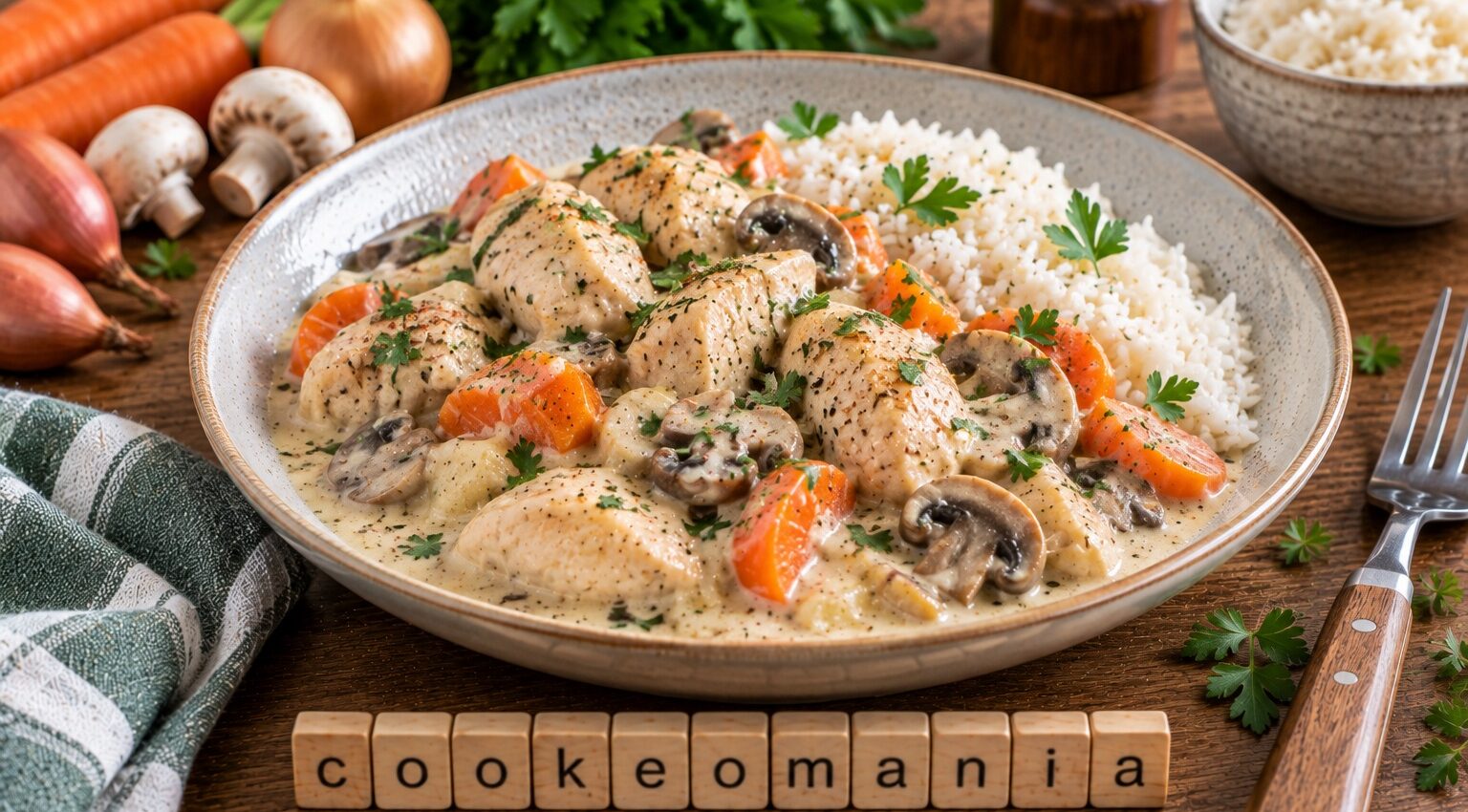Poulet aux champignons, carottes et crème au vin blanc