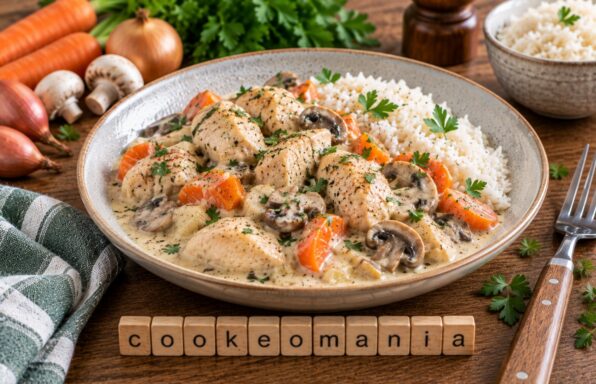 Poulet aux champignons, carottes et crème au vin blanc