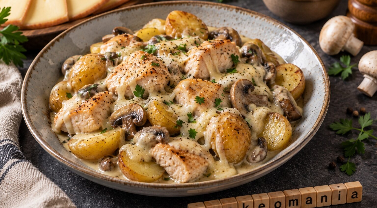 Poulet fondant aux grenailles, champignons et fromage à raclette
