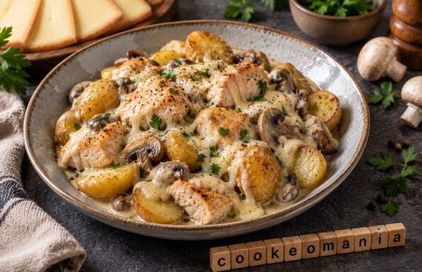 Poulet fondant aux grenailles, champignons et fromage à raclette