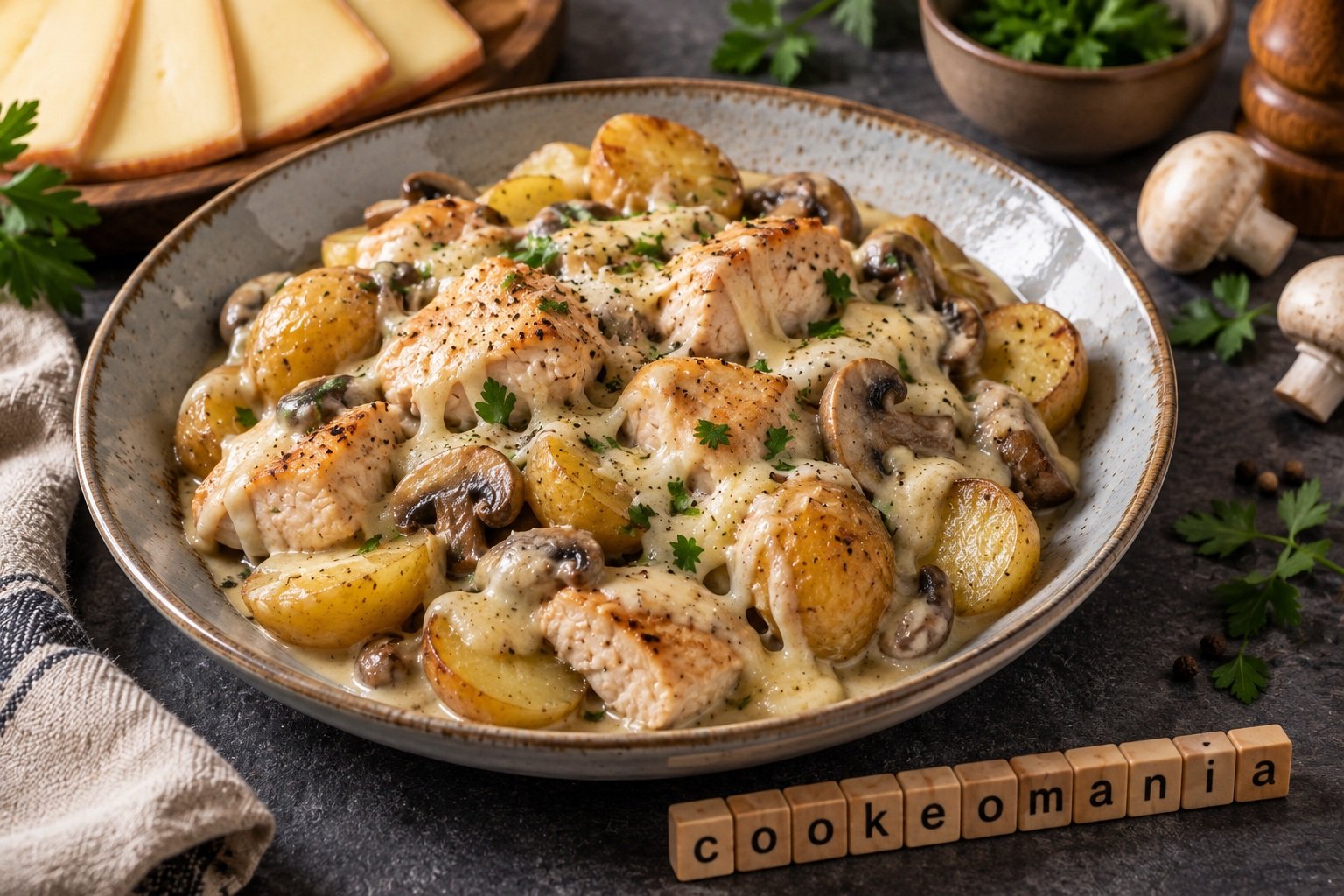 Poulet fondant aux grenailles, champignons et fromage à raclette