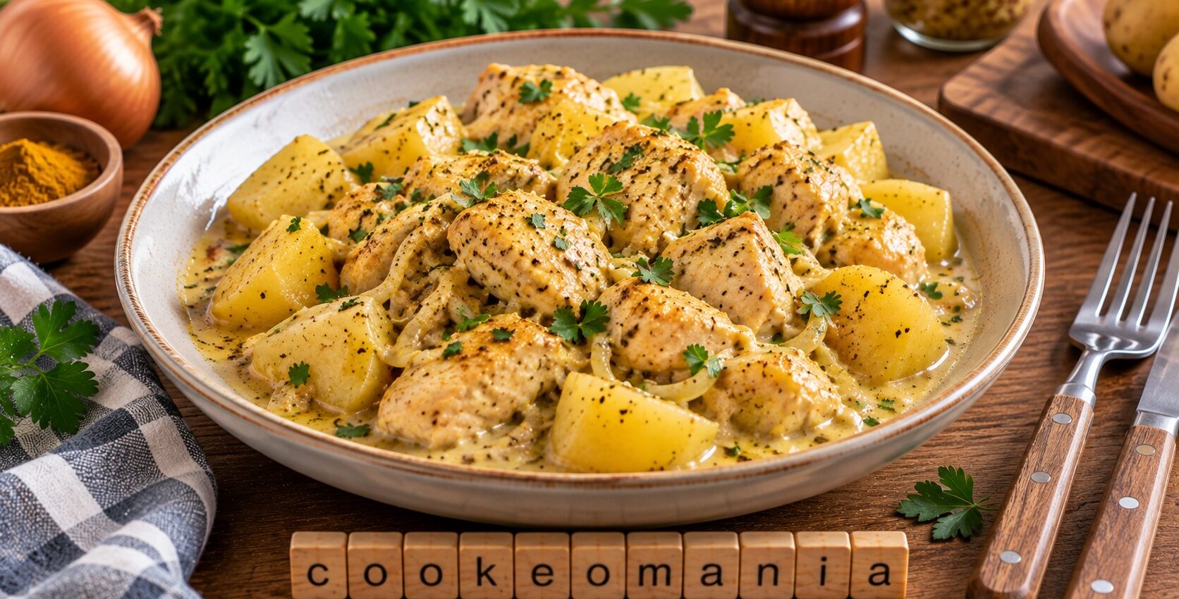 Poulet à la moutarde et au curry servi avec des pommes de terre en sauce crémeuse