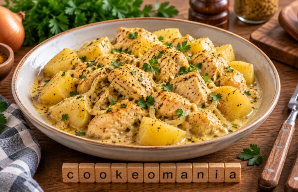 Poulet à la moutarde et au curry servi avec des pommes de terre en sauce crémeuse