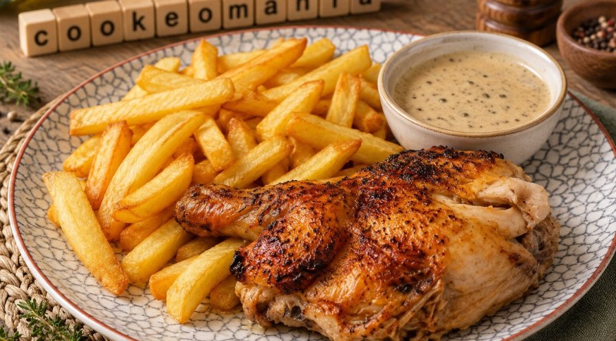 Poulet rôti du dimanche, frites et sauce crémeuse au poivre